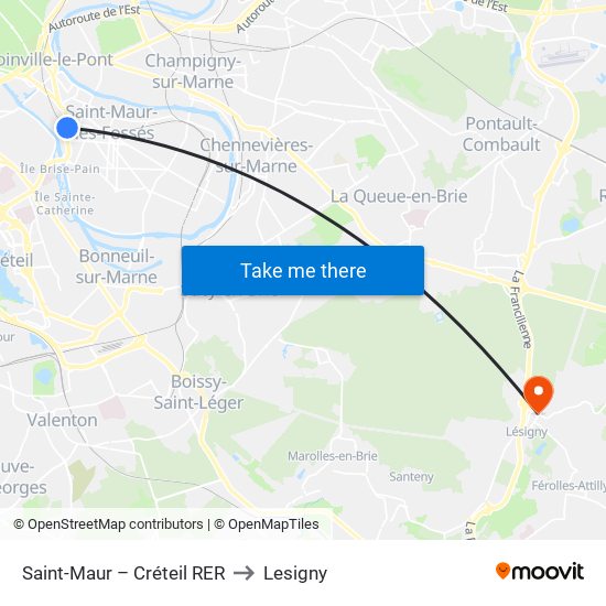 Saint-Maur – Créteil RER to Lesigny map