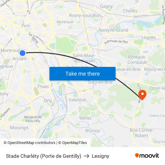 Stade Charléty (Porte de Gentilly) to Lesigny map