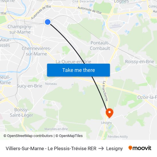 Villiers-Sur-Marne - Le Plessis-Trévise RER to Lesigny map
