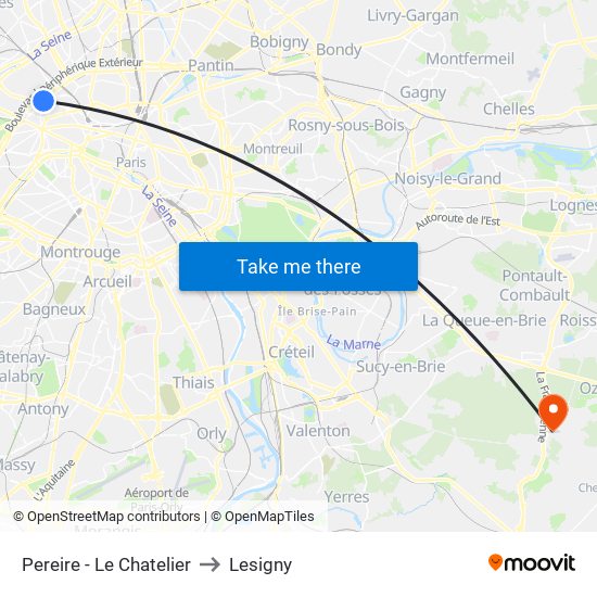 Pereire - Le Chatelier to Lesigny map