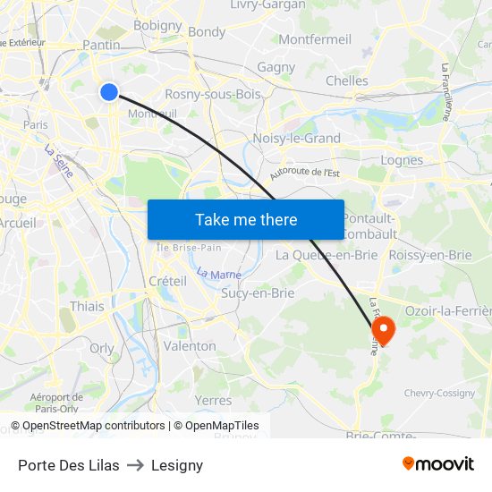 Porte Des Lilas to Lesigny map