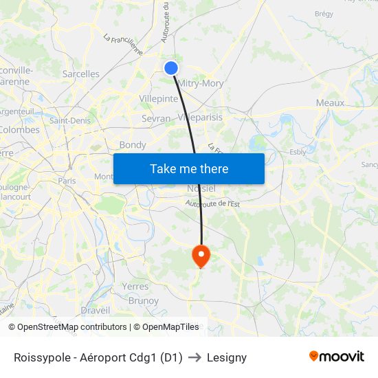 Roissypole - Aéroport Cdg1 (D1) to Lesigny map