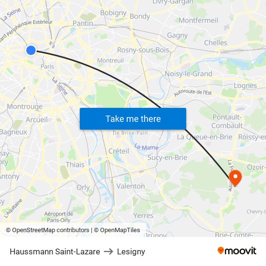 Haussmann Saint-Lazare to Lesigny map