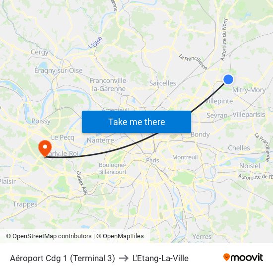 Aéroport Cdg 1 (Terminal 3) to L'Etang-La-Ville map