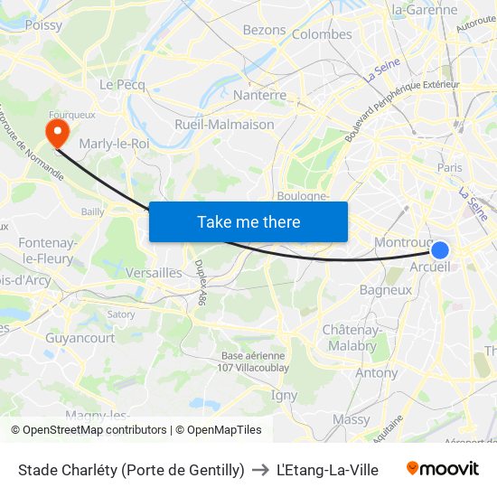 Stade Charléty (Porte de Gentilly) to L'Etang-La-Ville map