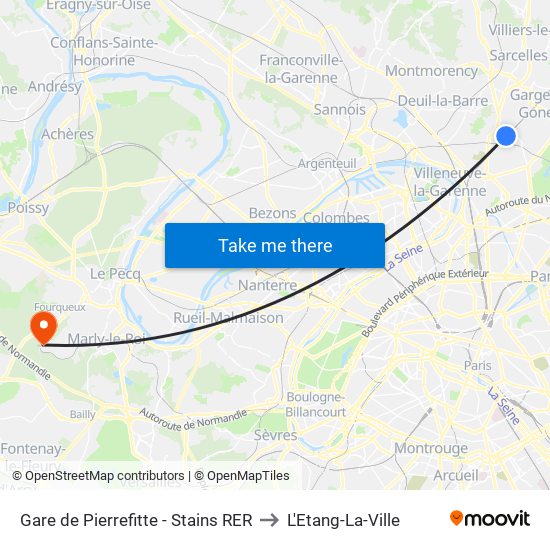 Gare de Pierrefitte - Stains RER to L'Etang-La-Ville map