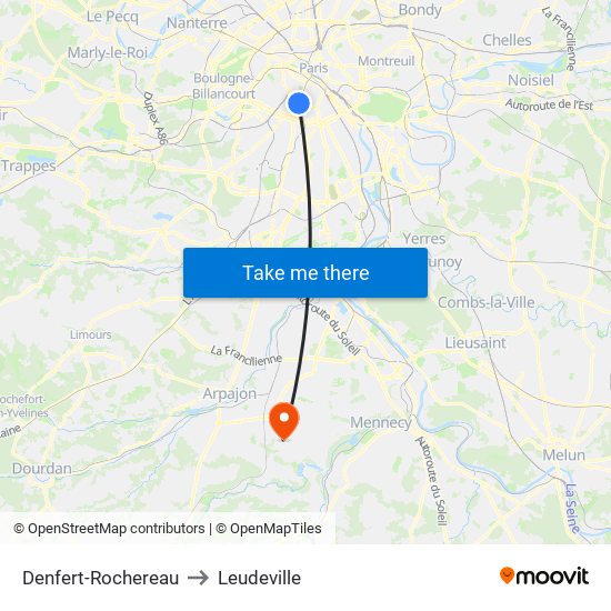 Denfert-Rochereau to Leudeville map