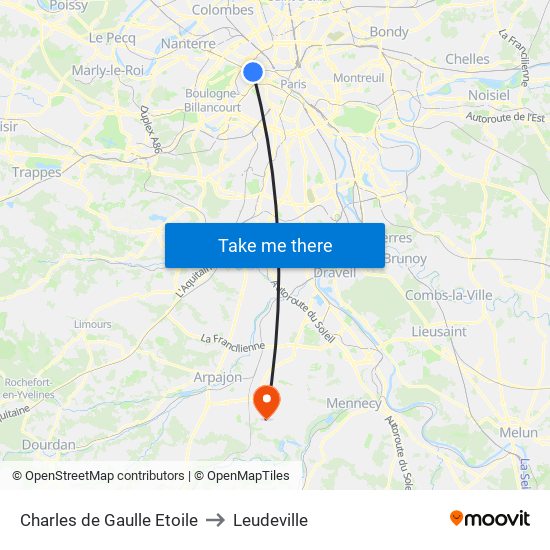 Charles de Gaulle Etoile to Leudeville map