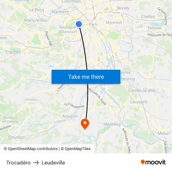 Trocadéro to Leudeville map
