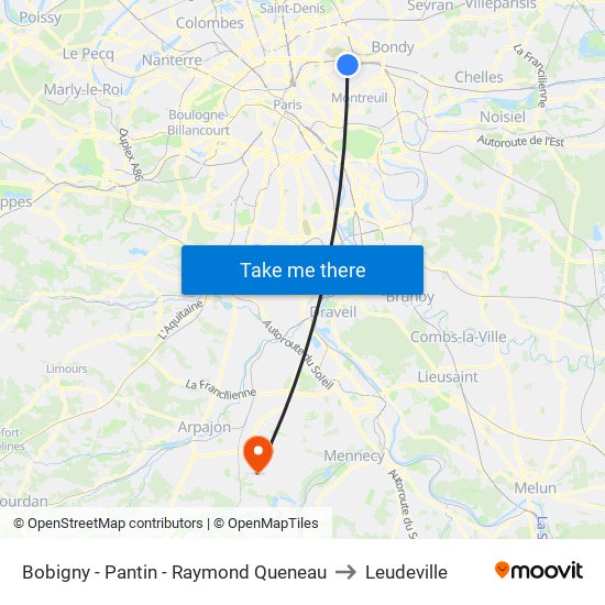 Bobigny - Pantin - Raymond Queneau to Leudeville map