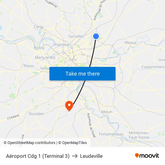 Aéroport Cdg 1 (Terminal 3) to Leudeville map