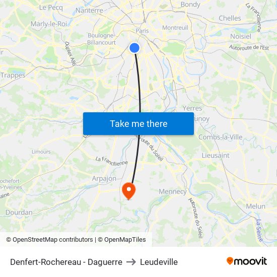 Denfert-Rochereau - Daguerre to Leudeville map