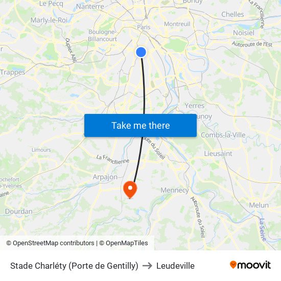 Stade Charléty (Porte de Gentilly) to Leudeville map