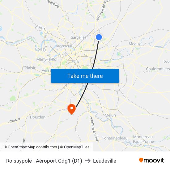 Roissypole - Aéroport Cdg1 (D1) to Leudeville map