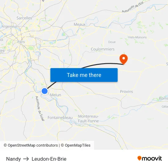 Nandy to Leudon-En-Brie map