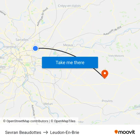 Sevran Beaudottes to Leudon-En-Brie map