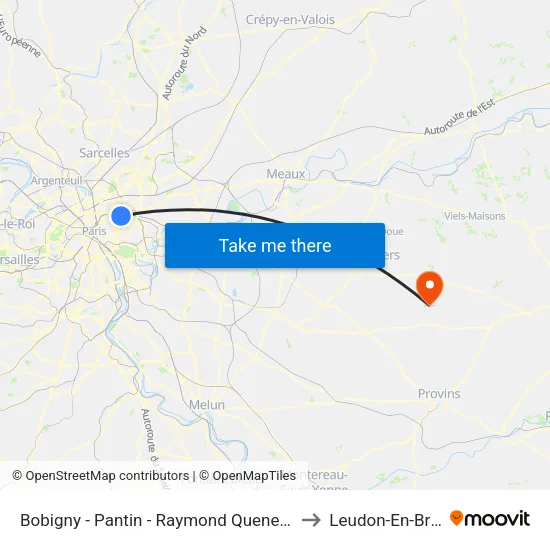 Bobigny - Pantin - Raymond Queneau to Leudon-En-Brie map