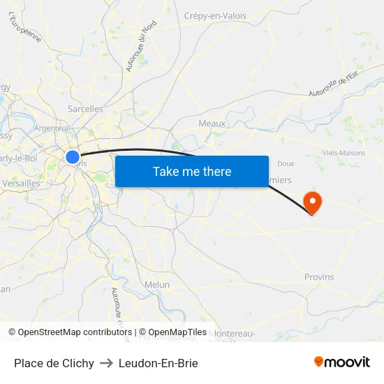Place de Clichy to Leudon-En-Brie map
