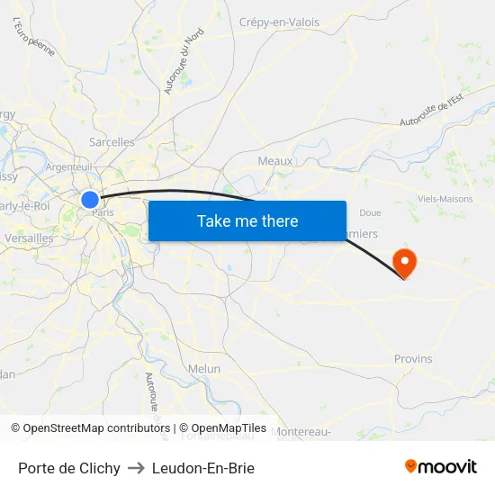 Porte de Clichy to Leudon-En-Brie map