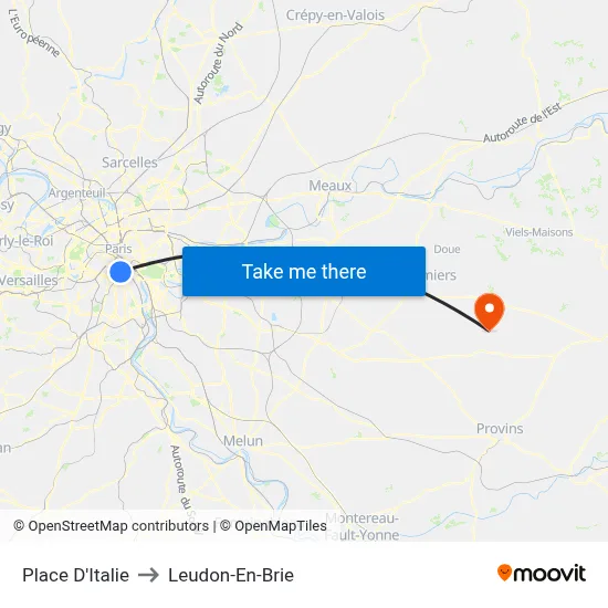 Place D'Italie to Leudon-En-Brie map