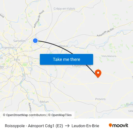 Roissypole - Aéroport Cdg1 (E2) to Leudon-En-Brie map