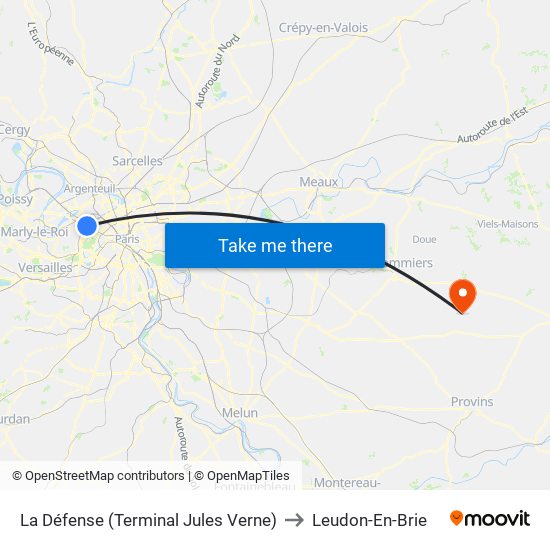 La Défense (Terminal Jules Verne) to Leudon-En-Brie map