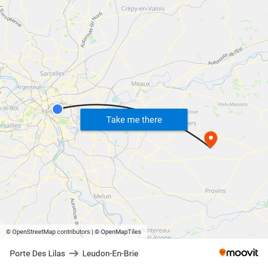 Porte Des Lilas to Leudon-En-Brie map