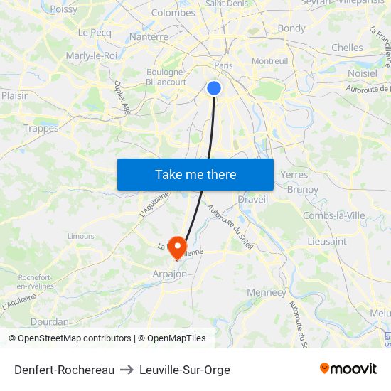 Denfert-Rochereau to Leuville-Sur-Orge map