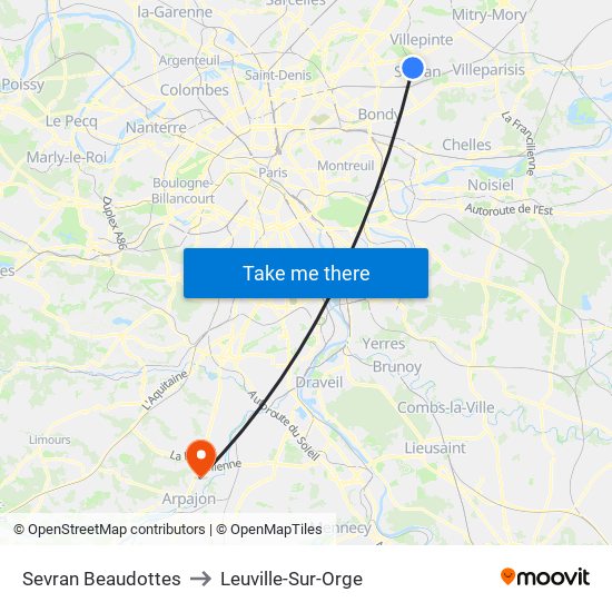 Sevran Beaudottes to Leuville-Sur-Orge map