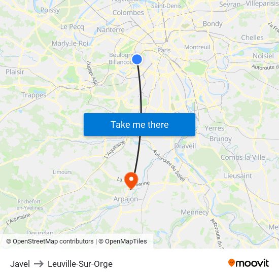 Javel to Leuville-Sur-Orge map