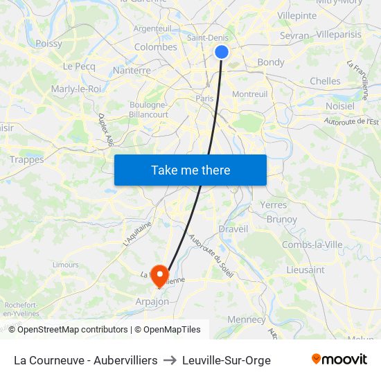 La Courneuve - Aubervilliers to Leuville-Sur-Orge map