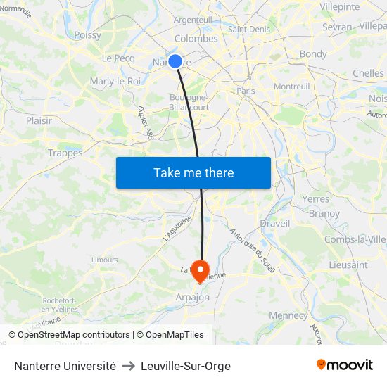 Nanterre Université to Leuville-Sur-Orge map