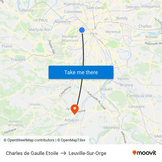 Charles de Gaulle Etoile to Leuville-Sur-Orge map