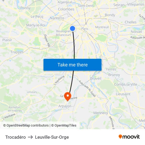 Trocadéro to Leuville-Sur-Orge map