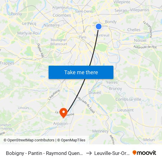 Bobigny - Pantin - Raymond Queneau to Leuville-Sur-Orge map