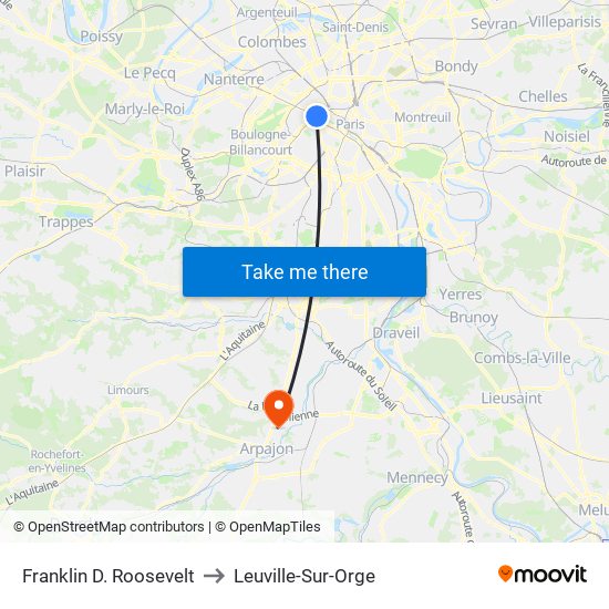 Franklin D. Roosevelt to Leuville-Sur-Orge map
