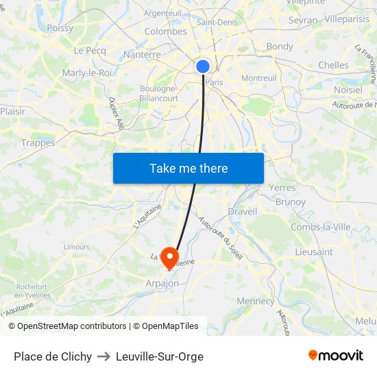 Place de Clichy to Leuville-Sur-Orge map