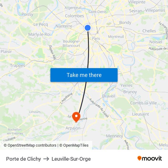 Porte de Clichy to Leuville-Sur-Orge map