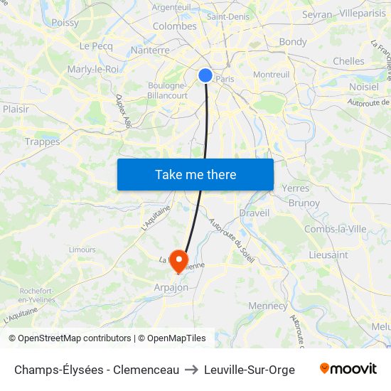 Champs-Élysées - Clemenceau to Leuville-Sur-Orge map