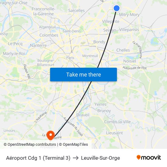 Aéroport Cdg 1 (Terminal 3) to Leuville-Sur-Orge map