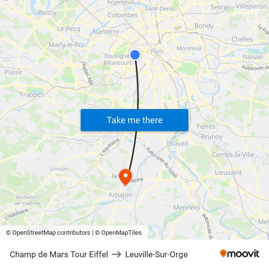 Champ de Mars Tour Eiffel to Leuville-Sur-Orge map