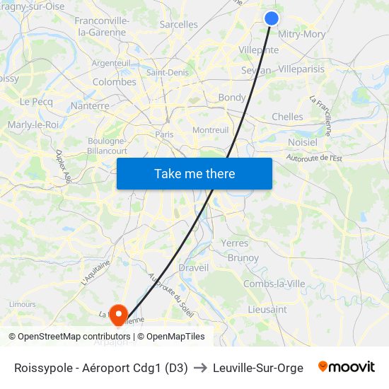 Roissypole - Aéroport Cdg1 (D3) to Leuville-Sur-Orge map
