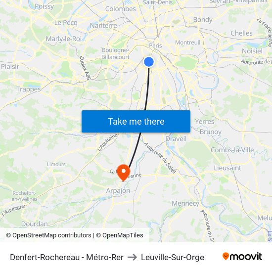 Denfert-Rochereau - Métro-Rer to Leuville-Sur-Orge map