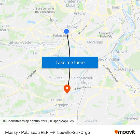 Massy - Palaiseau RER to Leuville-Sur-Orge map