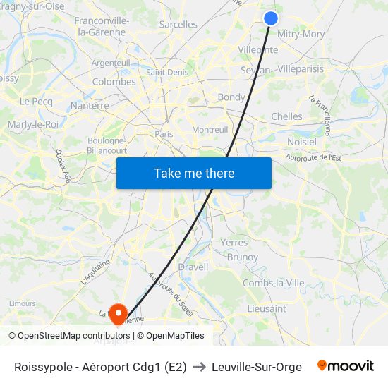 Roissypole - Aéroport Cdg1 (E2) to Leuville-Sur-Orge map