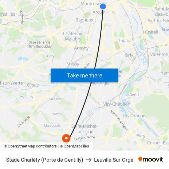 Stade Charléty (Porte de Gentilly) to Leuville-Sur-Orge map