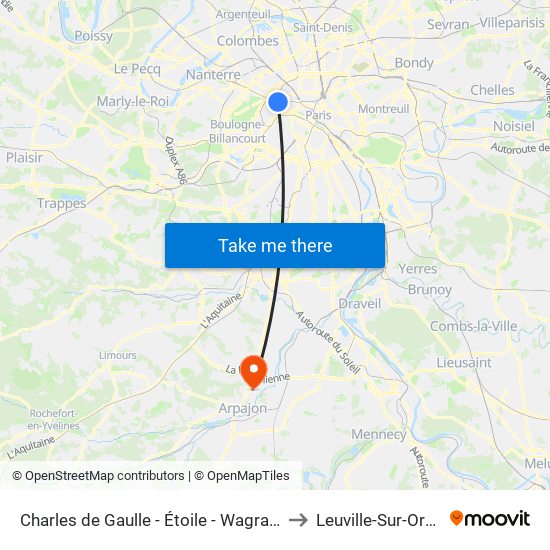 Charles de Gaulle - Étoile - Wagram to Leuville-Sur-Orge map