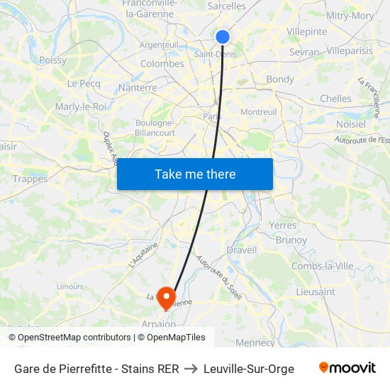 Gare de Pierrefitte - Stains RER to Leuville-Sur-Orge map