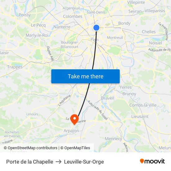 Porte de la Chapelle to Leuville-Sur-Orge map