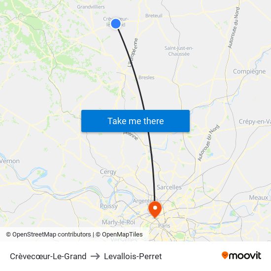 Crèvecœur-Le-Grand to Levallois-Perret map